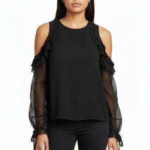 Alexis Black Cold Shoulder Fernand Top Ruffle Trim Silk Mesh Sleeve Bows Size XS